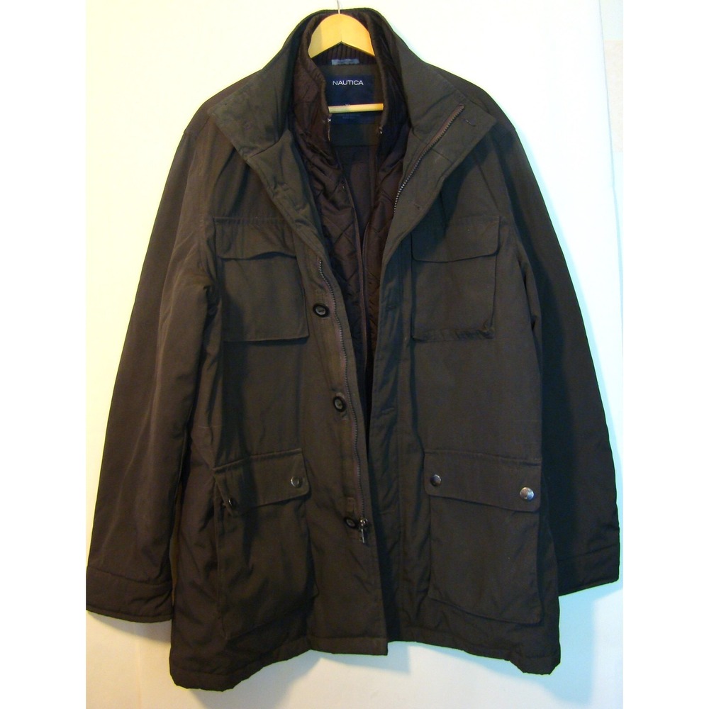 NAUTICA MENS WINTER UTILITY POCKETS COAT BROWN ZIP & BUTTON CLOSURE SIZE XL   BC